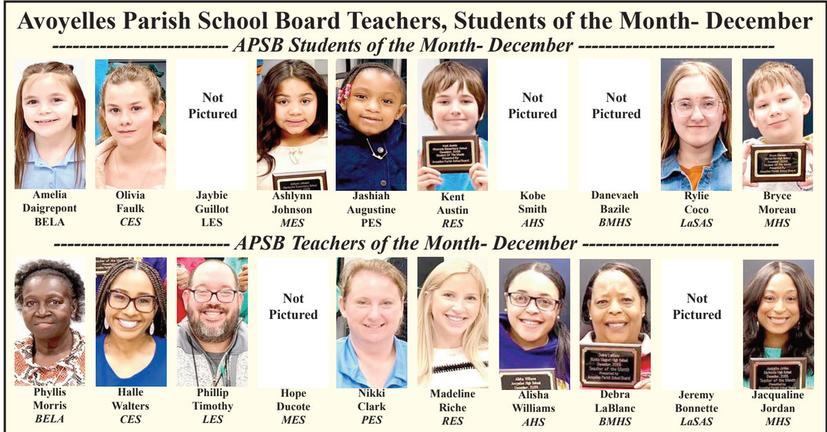 Avoyelles Parish School Board Teachers and Students of the Month: December