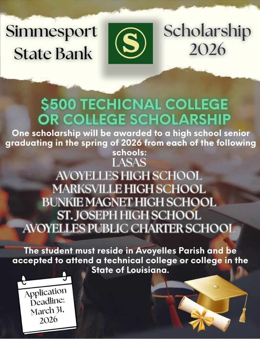 Simmesport State Bank Offers $500 Scholarship for 2026 Graduates! 🌟
